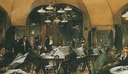 painting of the inside of a cafe with tall archways